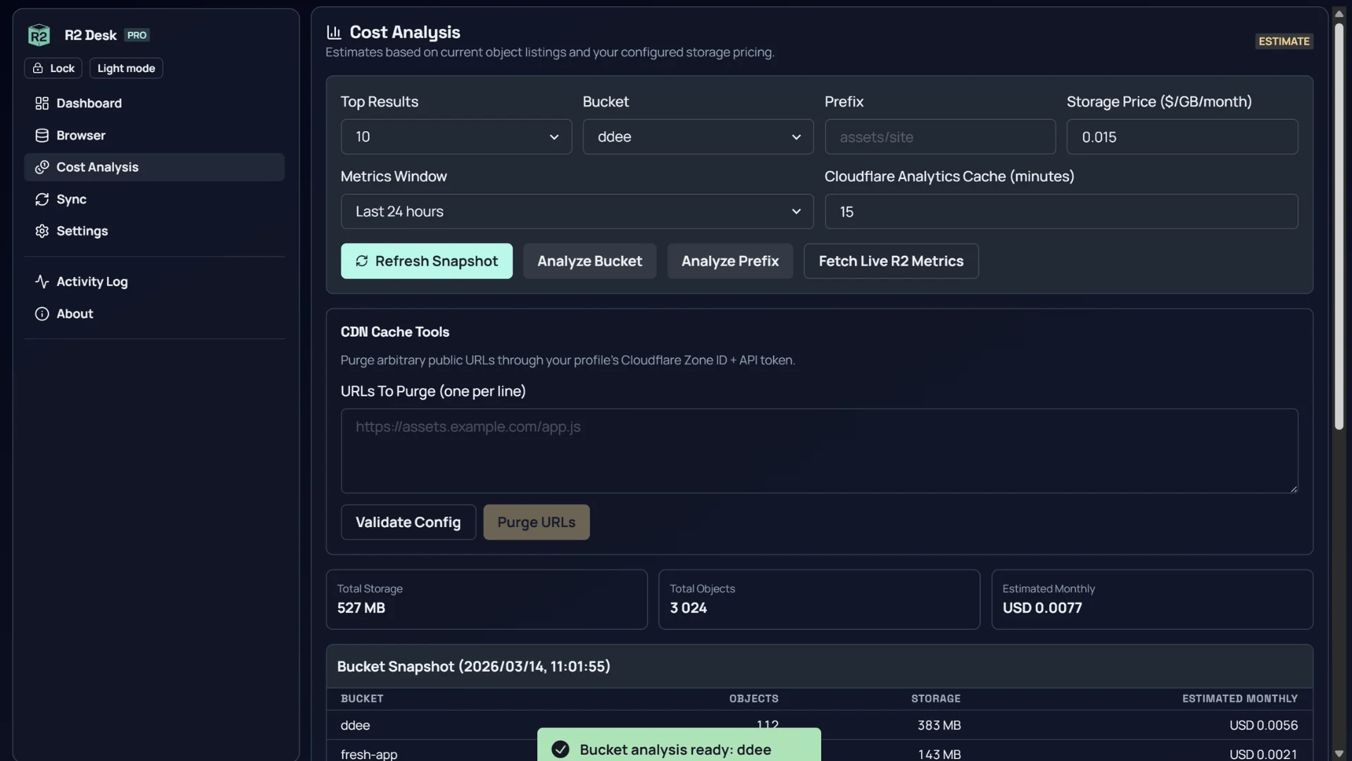 R2 Desk Pro cost analysis screen showing bucket and prefix storage estimates, live R2 metrics controls, CDN cache purge tools, and a monthly cost snapshot.