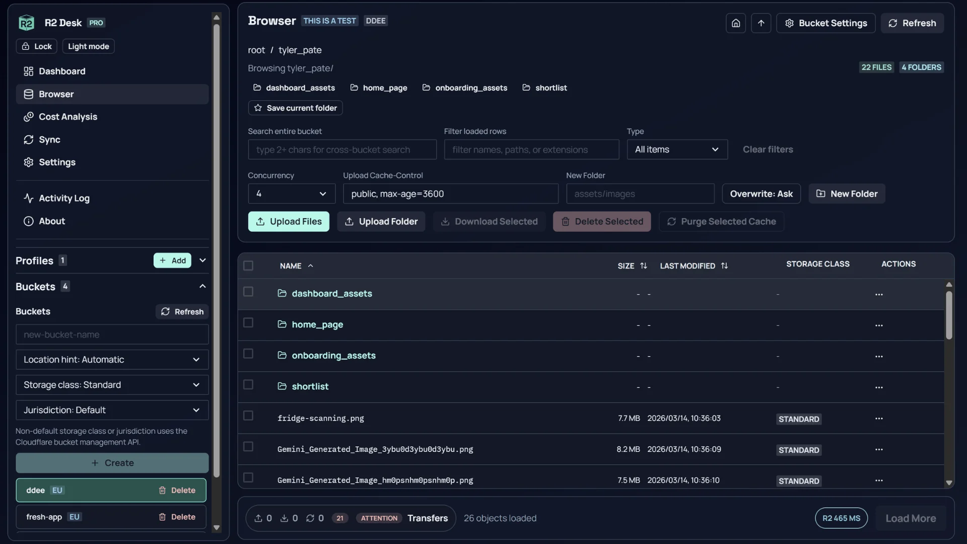 R2 Desk Pro bucket browser showing Cloudflare R2 profile controls, object search, upload actions, and a file listing.
