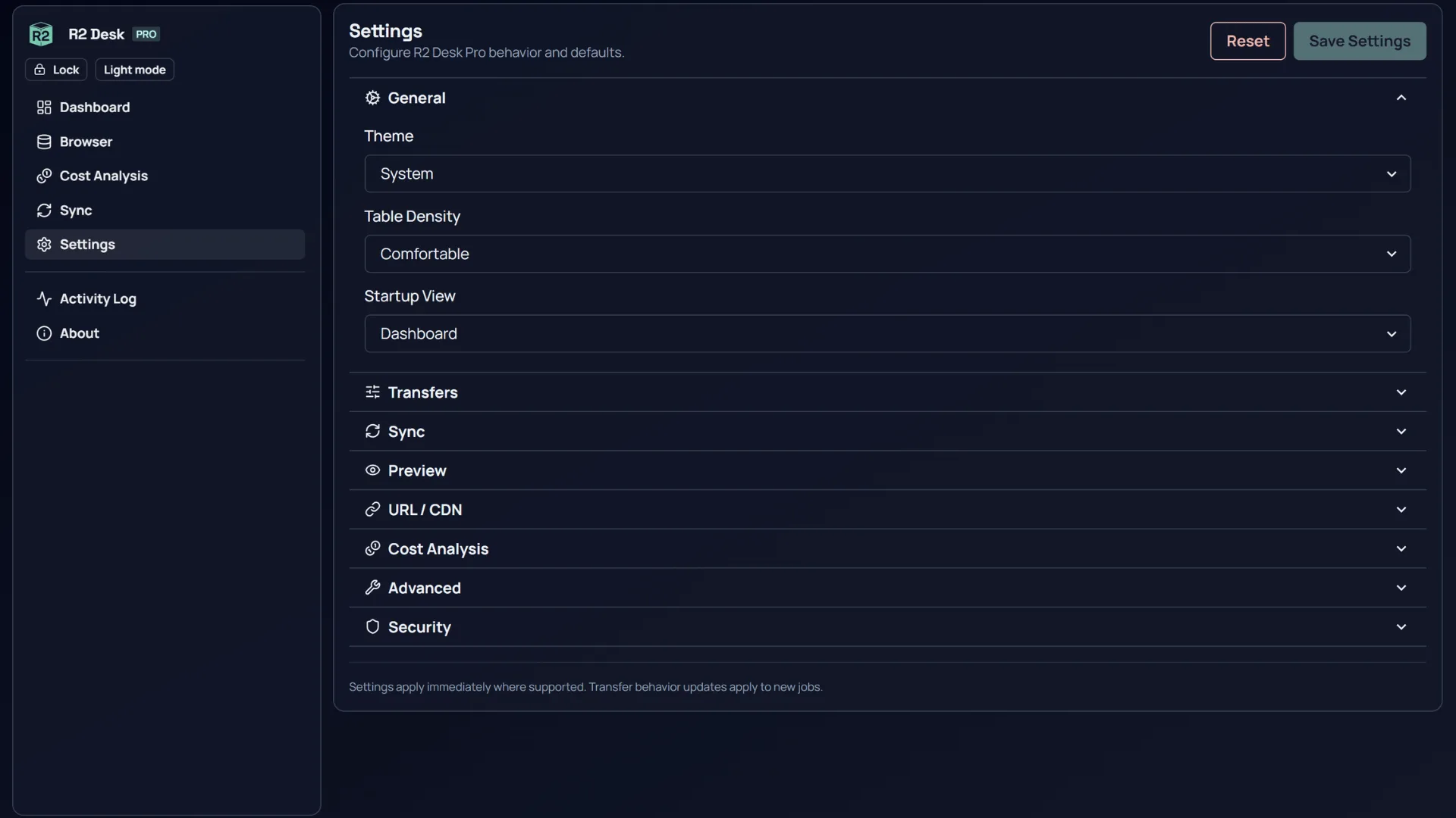 R2 Desk Pro settings screen with theme, startup, transfer, sync, preview, URL/CDN, cost analysis, advanced, and security preferences.