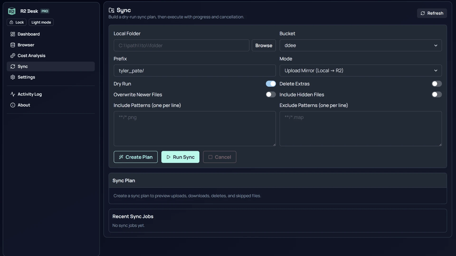 R2 Desk Pro sync planner showing local folder to Cloudflare R2 bucket mapping, dry-run options, include and exclude patterns, and sync actions.